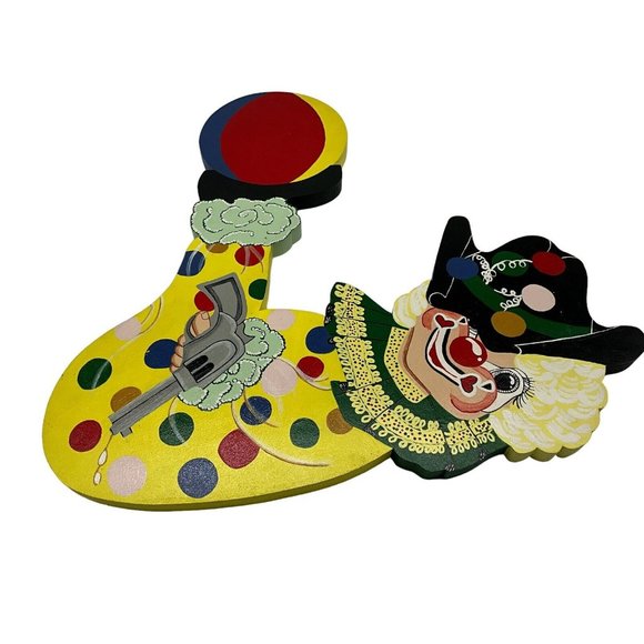 Vintage Hand Crafted Set of 2 Wood Cut Out Clown Wall Decor MCM Collectible - Picture 3 of 16
